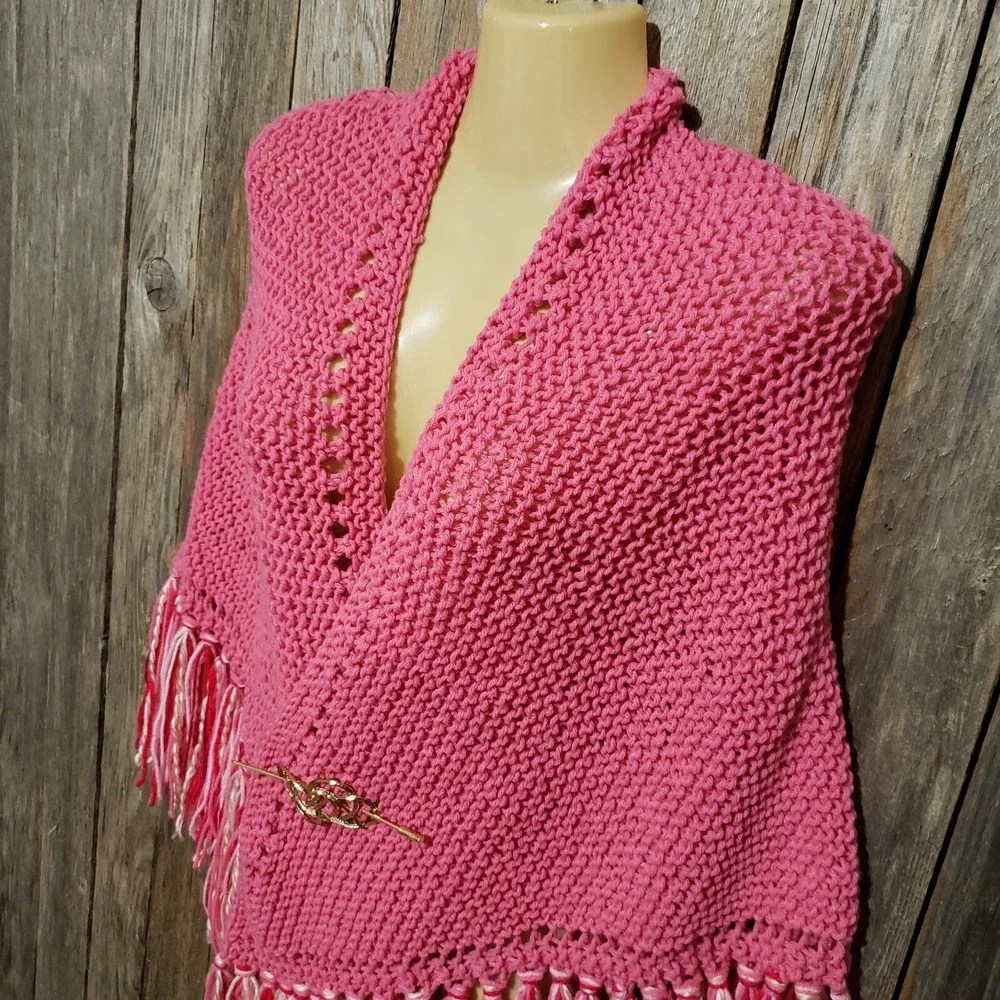 NEW Pink Hand Knitted Shawl Wrap Boho Fringe Cottage‎ Coquette Soft Girl Fairy